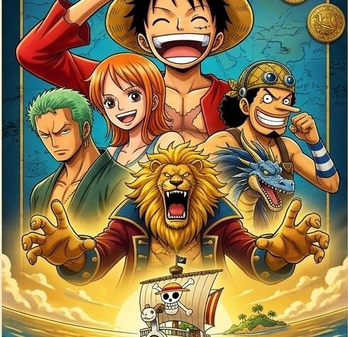 Pôster oficial de One Piece O Filme com Luffy e os primeiros membros da tripulação dos Chapéus de Palha