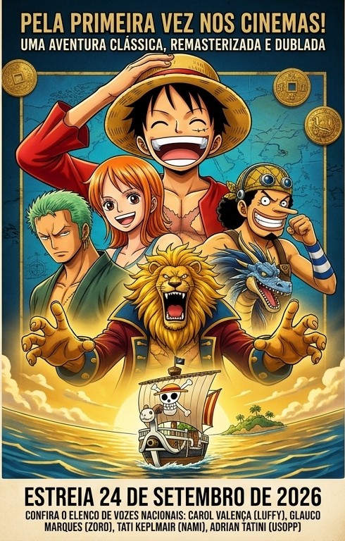 Pôster oficial de One Piece O Filme com Luffy e os primeiros membros da tripulação dos Chapéus de Palha