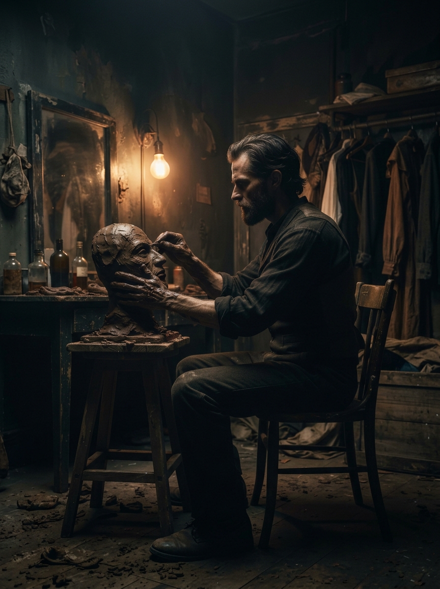 Arte conceitual do projeto inicial conhecido como "The Clay Mask" (A Máscara de Argila), que serviu de base para o tom de terror psicológico do novo filme do Cara de Barro da DC Studios.